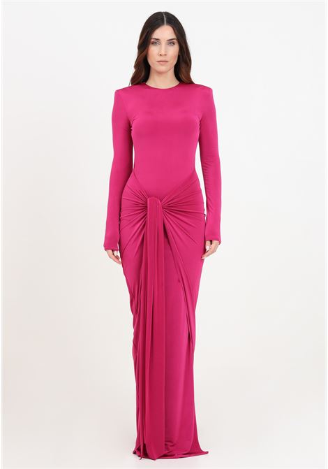 Long draped fuchsia women's dress with shoulder straps and central knot SANTAS | SANTAS BABYFUXIA